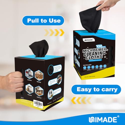 Image of UNIMADE Microfiber Cleaning Cloth, 100 Sheets Microfiber Towels for Cars | Commercial Grade Washcloths Lint-Free Bulk Shop Towel Cleaning Rags for Mechanic Garage Housekeeping, 11 inchx 9 inch, Black