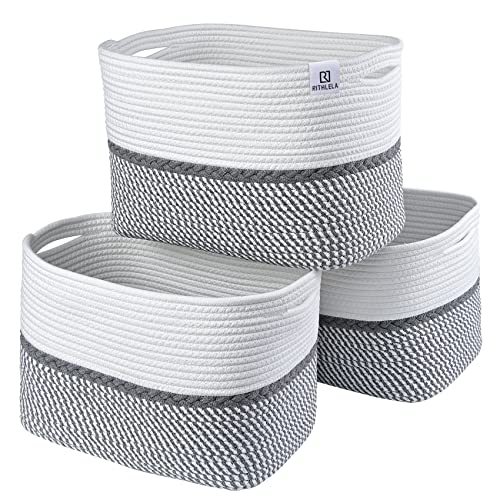 Image of RITHLELA Woven Baskets 15"x10"x9" Cotton Rope Cube Storage Baskets Set of 3 Decorative Baskets Closet Cloth Storage Baskets and Bins for Shelves with Handles for Blanket, Laundry, Clothes - Grey