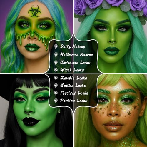 UCANBE Green Eyeshadow Makeup Palette, 15 Colors Bright Dark Green Shimmer Matte Metallic Glitter Eye Shadow, Forest Emerald Lime Pallet Kit for Cosplay Parties Christmas Halloween SFX