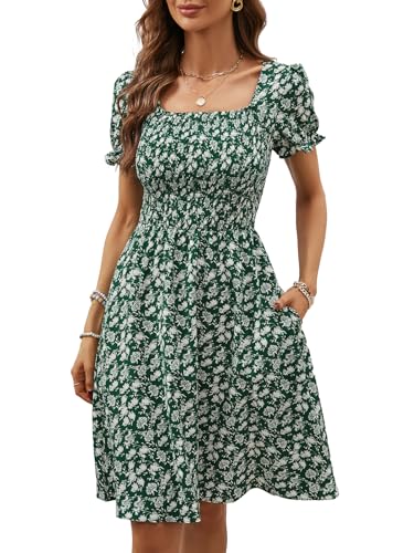 Image of Berydress Women's Summer Dresses 2026 Pockets Short Sleeve Square Neck Flowy A Line Casual Boho Smocked Mini Sun Dress