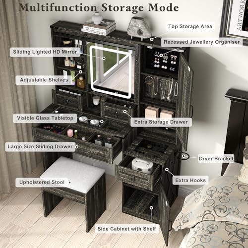Image of Farmhouse Makeup Vanity Desk with Sliding Mirror and Lights, 42 Wood Vanity Table Set with Glass Top, Power Outlets, Jewelry Storage Cabinet, 4 Drawers, Stool for Country Room Decor, Rustic Black