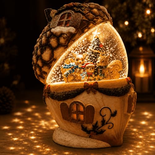 Christmas Pinecone Snow Globe Lantern with 6 Hours Timer 3 AAA Battery Operated Glittering Water Globe Lighted Squirrel Family Snow Globes for Xmas Mantel Tabletop Shelf Holiday Decorations Gifts