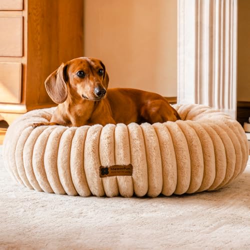MEWOOFUN Hundebett Mittelgroße Hunde Waschbares - Donut Hundebett mit Rutschfester Unterseite, Hundebetten Großes Katzenbett Flauschig Beruhigendes Anti-Angst, Kamel 64x64cm