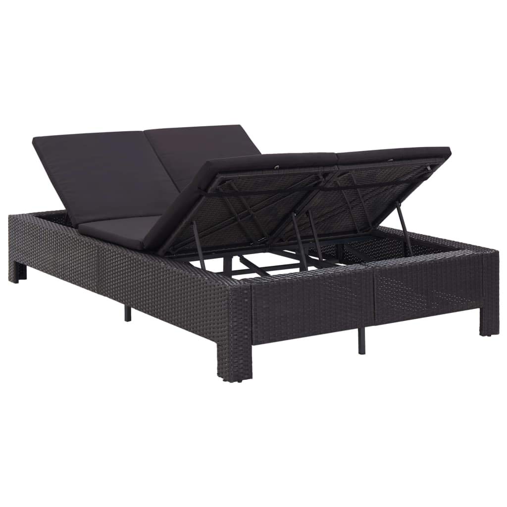 Leżak do opalania dla 2 osób, czarny rattan PE, 220 x 130 x 35 cm, malowany proszkowo stalowy stelaż, regulowany, do ogrodu, na balkon, taras, basen