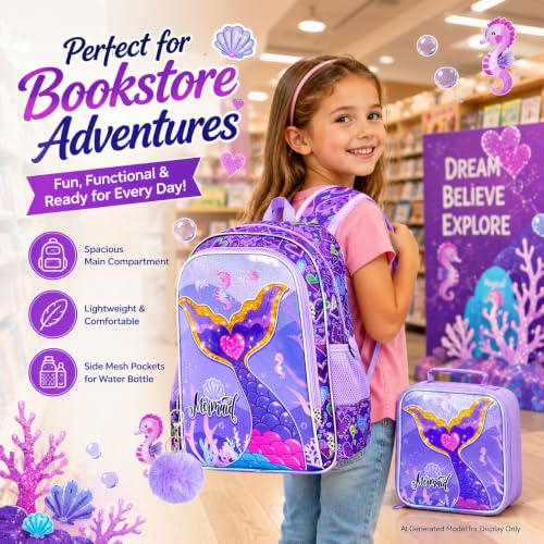 Image of 16 inch Mermaid Backpack for Girls, 3Pcs Kids Fish Tail Backpacks with Lunch Box, School Bookbag for Elementary Preschool Kindergarten(Purple)