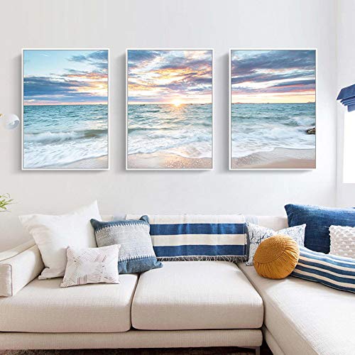 Image vagues plage pour habiller un grand mur vide triptyque bleu salon 50x70