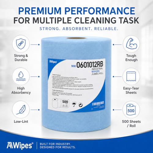 Image of AAwipes Cleanroom Wipes Roll, 10x12 inch 500 Sheets Blue, Cellulose Polyester | Low-Lint, Highly Absorbent, Surface Cleaning, Lab & Industrial Applications