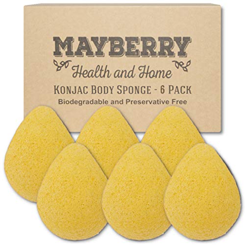 Konjac Facial Sponge (6 Pack) Individually Wrapped Turmeric (Yellow) Konjac Drop Shape Sponges for Soft and Gentle Cleansing