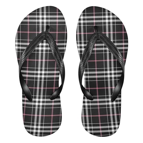 Plaid Black White Flip Flops for Beach Thong Sandals Anti-slip Lightweight Shower Shoes for Travel Summer Outdoor