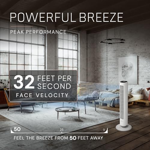 Image of Lasko Pinnacle 40 inch DC Tower Fan for Bedroom, Living Room, Home Office - 32 ft /s Airflow, 50 ft Distance, 90 Oscillation - AirSense, 12 Speeds, Night Light - Quiet 24 dBA - Remote, White