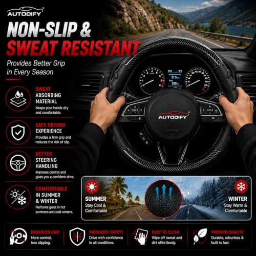 Image of Stitchable Carbon Fiber Steering Wheel Cover with Leather Protection | Universal Fit, Anti-Slip, Breathable, Comfortable Grip, Durable & Stylish for Cars | Easy Install with Black Stich