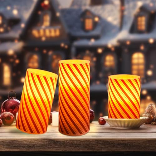 Image of Whaline Christmas LED Flameless Candles Red Glitter Stripe Warm Light Battery Operated Pillar Candles Xmas Candy Cane Stripe Electric Flickering Candles for Party Home Decor, Set of 3