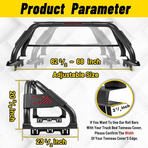 Image of MONOKING Universal Truck Bed Roll Bar with Brake Light & Light Mount, Heavy-Duty Dual-Tube Sport Bar Compatible with Tonneau Cover, Customizable DIY Side Panels for F150 Silverado Ram Tundra Titan