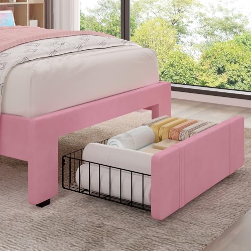 Image of VECELO Twin Size Upholstered Bed Frame with Drawer and Headboard, Velvet Platform Storage Bedframe, Wooden Slats Support, No Box Spring Needed,Pink