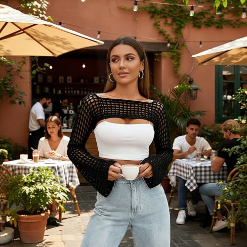 Image of Womens Crochet Shrug Y2K Hollow Out Bolero Shrug See Through Cropped Knit Sweater Top