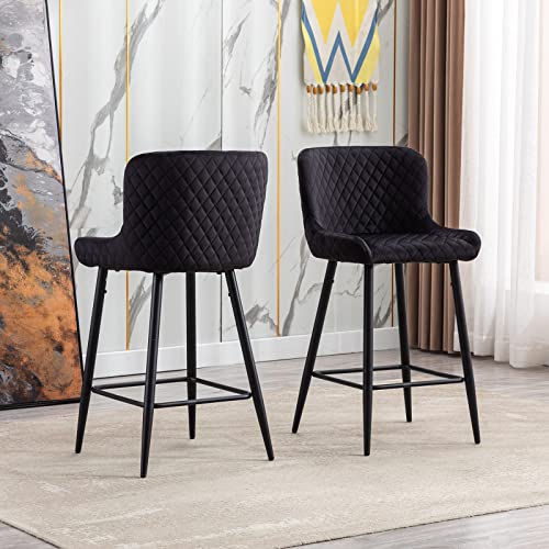 Lzareal 26'' Counter Height Bar Stools Set Of 4 Modern Velvet Upholstered Stool Chair, Kitchen Bar Chairs With Diamond Back & Low Arm For Kitchen Island Bar, Black #TOP3