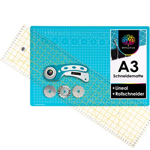 OfficeTree Snijmat A3 set + rolmes + patchworklineal 60 cm - snijmat set voor professioneel snijden - naai-accessoires voor creatief (blauw)