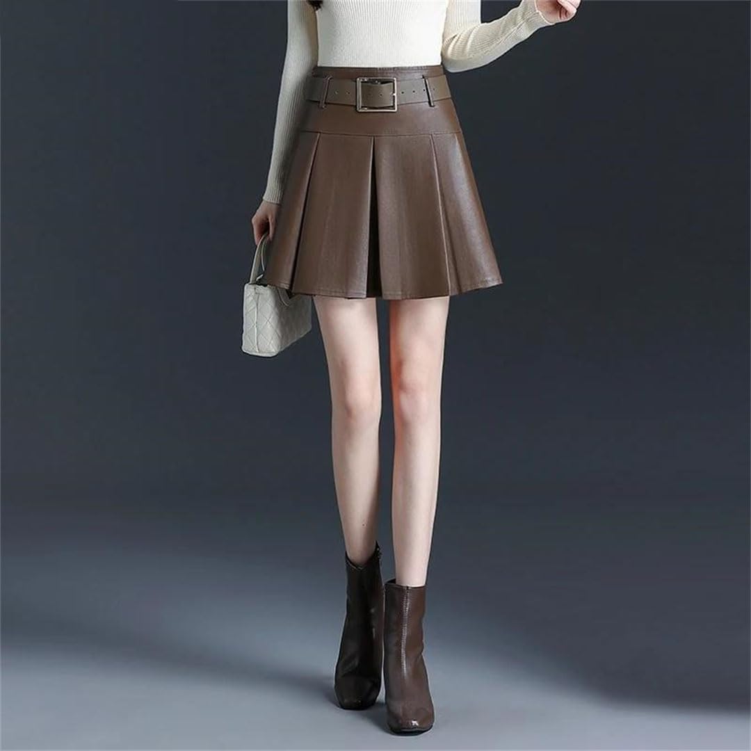 Minifalda plisada de piel sintética para mujer, cintura alta, simple, elegante, corta