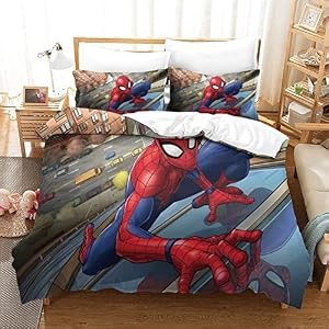 Spiderman Dekbedovertrekset – 3-delige luxe 3D The Avengers Print Beddengoedset met kussensloop – ademende microvezel dekbedovertrek beddengoed sets met ritssluiting single (135x200cm)