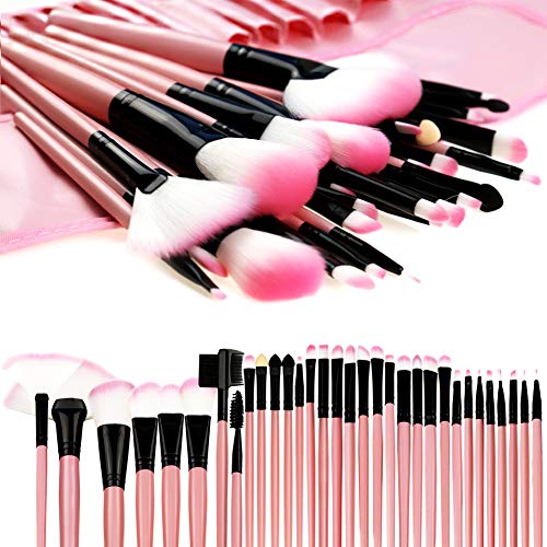FlatLED Makeup Brushes, Makeup Brush Set, 32 PCS Profesional Wooden Synthetic Cosmetics Makeup Brush Kit with Leather Case, Foundation Eyeliner Blending Concealer Eyeshadow Face Powder Blush (Pink)