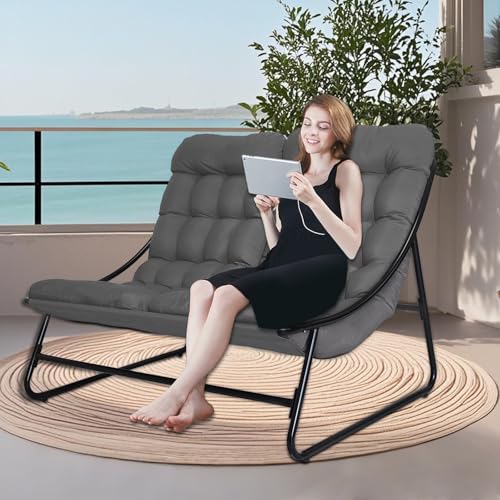 OVLRIJP Loungesessel Outdoor, Outdoorsessel, Doppelliege Outdoor, Gartensessel mit 8cm Auflage Abnehmbar, Gartenliege 2 Personen, Relaxsessel Garten, Relaxliege für Garten,Terrasse (Grau)