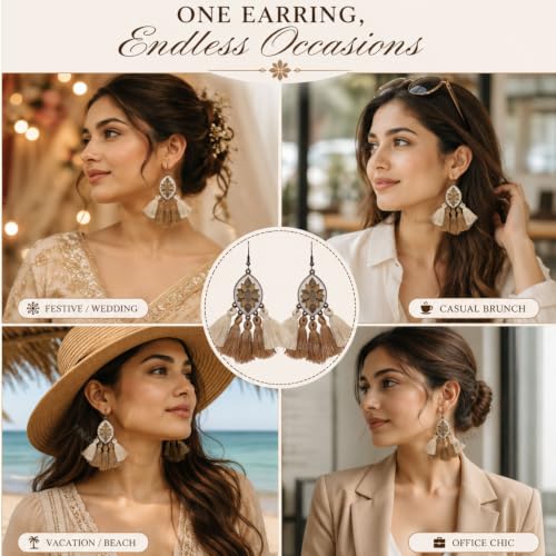 Image of Young & Forever Gift Boho Carnival Sea Island Long Tassel Earrings Handmade Beaded Bohemian Women Statement Beads Dangle Earrings Ethnic Jewelry Fringe Earrings
