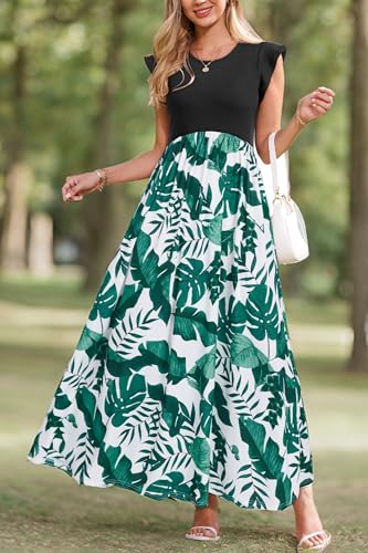 Image of OUGES Women's Maternity Dress Summer Ruffle Sleeve Patchwork Casual Flowy Maxi Dresses with Pockets