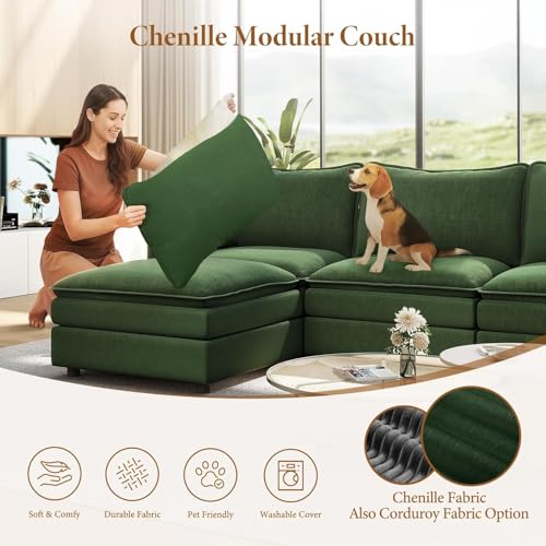 Image of Vesgantti 108 inch U Shaped Sectional Couch, Comfy Cloud Modular Sectional Sofa with 2 Ottoman Deep Seat Chenille Modern Cloud Sofa, Modular Sofas for Living Room, Bedroom and Apartment, Green