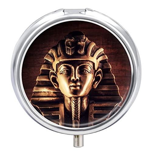 Máscara de tutancâmon de faraó de pedra marrom antiga em fundo escuro, estojo redondo personalizado, estojo de comprimidos pequeno portátil, caixa de comprimidos durável, suporte de comprimidos com