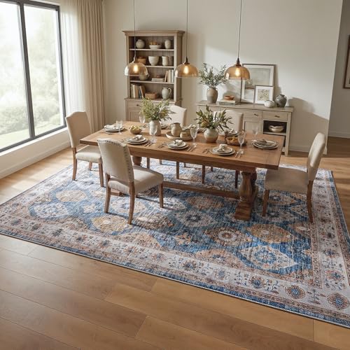 Image of HOOBRO Washable Rug 8 x 10 Area Rugs for Living Room, Non-Slip Stain Resistant Rug, Low Pile Soft Rug Indoor Large Carpets Pet Friendly Mat, for Bedroom Kitchen Dining Room, Light Blue BU05AR01