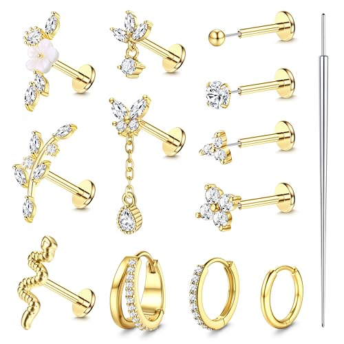 Florideco 20G 18G Threadless Flat Back Earrings Hypoallergenic Push in Stud Earrings 14K Gold Plated 316L Surgical Steel Stud Hoop Earring Sets Cartilage Helix Conch Tragus Nose Piercing Jewelry 12PCS