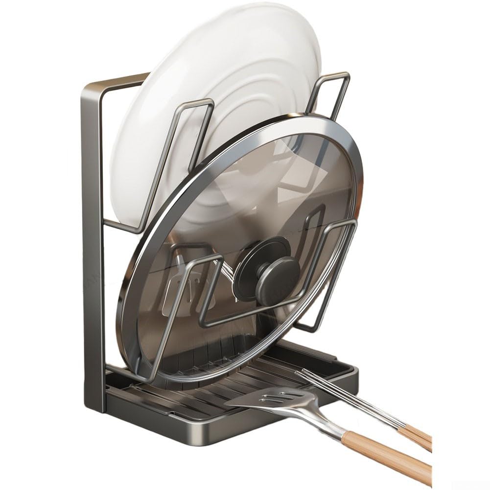 Soporte de cocina de acero resistente al calor con tapa y soporte para cucharón, organizador vertical con almohadillas protectoras para proteger las superficies de la encimera (estante doble para