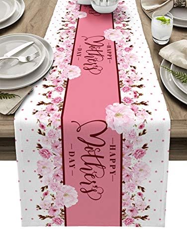 13 x 70 inch Table Runner Cotton-Polyester Blend, Happy Mother's Day Table Runner for Table Decorations, Indoor Outdoor Parties, Farmhouse & Family Gathering, 1 Pack