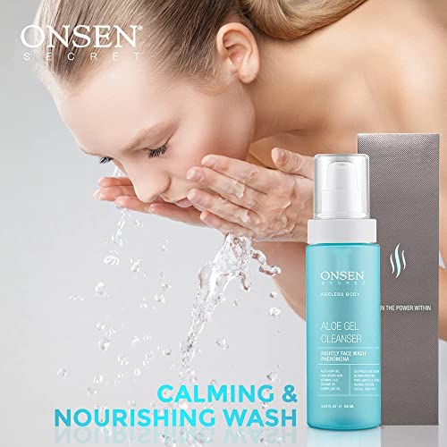 Onsen Secret Japanese Aloe Vera Face Wash - Premium Nightly Facial Cleanser For Makeup Removal, Heals Dry & Sensitive Skin, Hyaluronic Acid, Curry Leaf Oil, Vitamin C & E, Gel Cleanser #TOP1