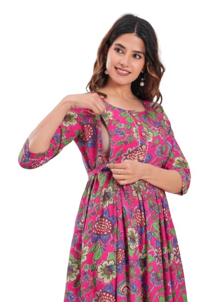 Image of Women's Feeding Kurta Cotton | Floral Anarkali Pregnancy Kurta with Nursing Zipper | Pre & Post Partum | Maternity Dresses | Mom to Be Gift