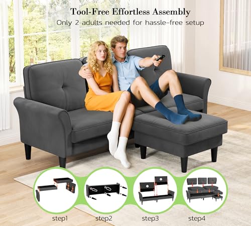 Image of Kidirect Small Sectional Couch, 83 inch L Shaped Couch, Comfy Velvet Couches for Living Room, Tool-Free Setup Modular Sectional Sofa, 850lbs Load Sofas for Living Room with 1 Movable Ottoman, Grey Couch
