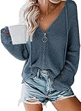 Dokotoo Damen Sweatshirt V-Auschnitt Langarmshirt Hoodie Strickpullover Sexy Schulterfrei Sweatshirt Langarmshirt Oberteil Loose Sweater Tops HimmelBlau 2XL