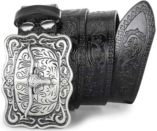 Image of UTOWO Western PU-Leather Cowboy Buckle Belt for Men and Women Jeans Engraved Floral Longhorn Bull Buckle Belt (25-38 inch waist)