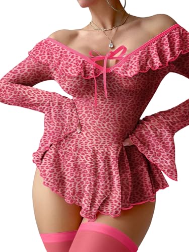 Image of Foxiny Sheer Ruffle Long Sleeve Babydoll Lingerie Dress | Off-shoulder neckline, flared cuffs and a flounce hem add movement; thong and thigh-high stockings complete the 3-piece set