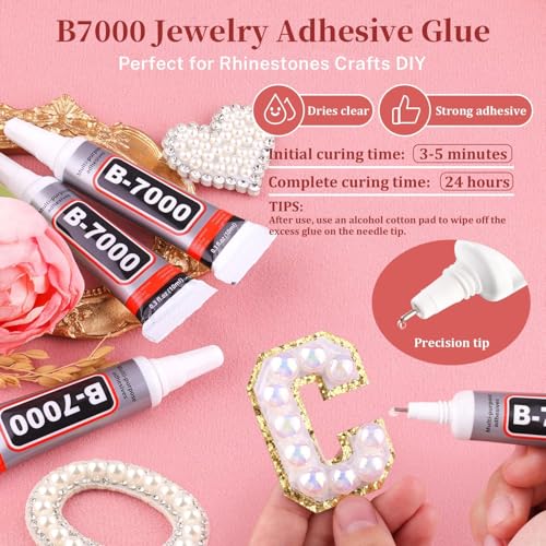 Image of Flatback Pearls for Crafting with 3Pcs 10ml B7000 Jewelry Glue, 1 Box of Half Round Beige AB and White AB Pearls, Bedazzling Beads for DIY Crafts Clothing Tumblers Shoes Embellishment Nail Art