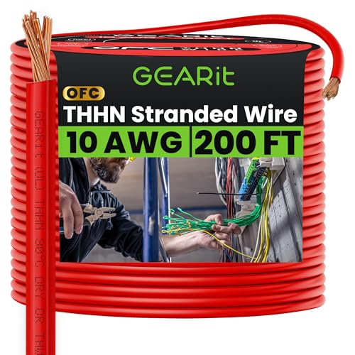 GEARit Stranded THHN Wire (10 Gauge, 200 Feet) 100% OFC Electrical Building Wire, Rated for Up to 600 Volts, Single Conductor, Nylon Jacket, UL Listed/RoHs Compliant - Red, 200ft