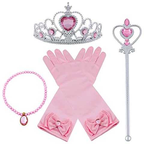 Pettigirl Princess Tiara Necklace Magic Wand Gloves 4 Pieces Set Dress Up Accessories, Pink Cover