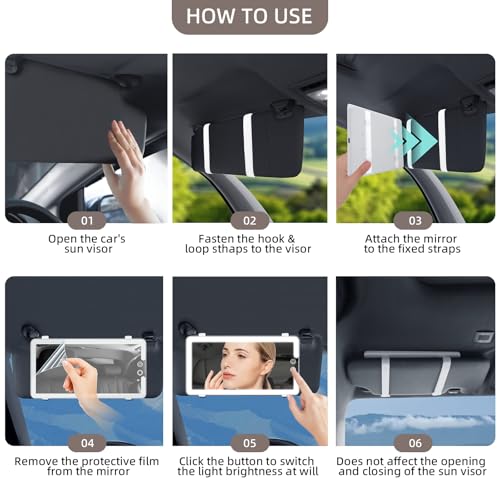 Image of Car Sun Visor Vanity Mirror with Lights, Rechargeable LED Car Visor Makeup Mirror with 3 Color Dimmable Lights - Universal Accessories for Cars, SUVs, Trucks (White)
