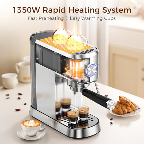 Image of Kndko Espresso Machine, 20 Bar Espresso Coffee Machine with Milk Frother, Compact Stainless Steel Coffee Maker with 34oz Removable Water Tank for Cappuccino, Latte