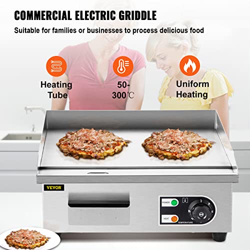 VEVOR Electric Countertop Griddle, 14-Inch, 1500W Grill with Adjustable Temperature Control 122°F-572°F, Non-Stick Commercial Restaurant Grill, 110V Stainless Steel Flat Top Grill - Image 3
