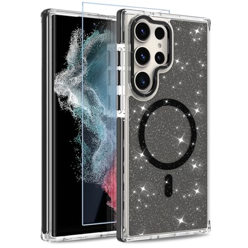 Image of Magnetic Case for Samsung Galaxy S22 Ultra [Compatible with Magsafe] [Bling Glitter Fluorescent Design] [1 Screen Protector] Slim Translucent Matte Case for Galaxy S22 Ultra 6.8 inch, Black
