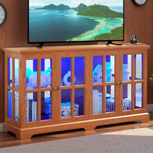 HIUU 59" W Oak Curio Cabinets with Glass Doors,Vintage Glass Curio Cabinet Display Case with LED Lights,Lighted Display Case with 4 Doors and Adjustable Shelves