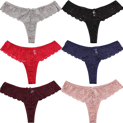 WDX Lace Thongs for Women Sexy Panties G Strings Thongs Underwear 6 Pack M
