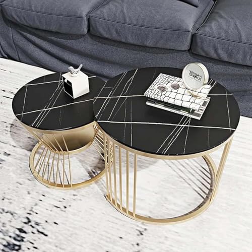 Image of Furniture Cafe Luxury Round Nesting Coffee Table Set of 2 with Black Marble Finish Top & Gold Metal Base | Modern Center Tables for Living Room, Lounge, Bedroom & Office