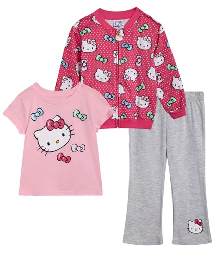 Image of Hello Kitty Girls Pant Set - 3 Piece Short Sleeve Graphic Tee Shirt Zip Up Fleece Jacket and Kids Pants Clothing Set, Size 7, Pink /Rose /Grey